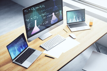 Poster - Creative chemistry hologram on modern laptop monitor, pharmaceutical research concept. 3D Rendering