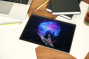 Poster - Top view of modern digital tablet display with abstract graphic world map, big data and networking concept. 3D Rendering