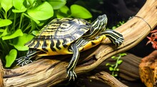 A Turtle, Its Carapace Smooth And Color A Mix Of Yellow And Black, Sits On A Branch.