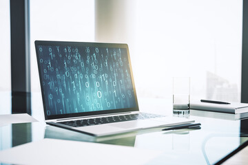 Aufkleber - Modern computer monitor with creative abstract binary code hologram. Database and programming concept. 3D Rendering