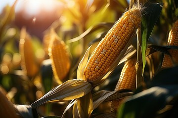Poster - Large corn field with ripe corn cobs at sunset, agricultural landscape, Generative AI