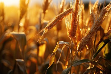 Poster - Large corn field with ripe corn cobs at sunset, agricultural landscape, Generative AI
