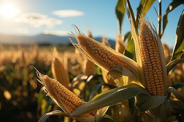 Poster - Large corn field with ripe corn cobs at sunset, agricultural landscape, Generative AI