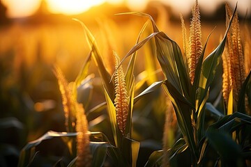 Poster - Large corn field with ripe corn cobs at sunset, agricultural landscape, Generative AI