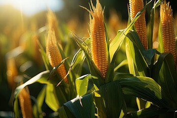 Poster - Large corn field with ripe corn cobs at sunset, agricultural landscape, Generative AI