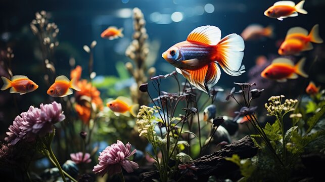 aquascape with colorful plants and flocks of Altum angelfish, Leopold angelfish and Peruvian Altum