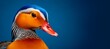 A duck, its details vivid and rich, stands out against a blue background.
