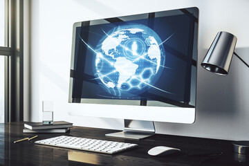 Aufkleber - Social network concept with world map on modern laptop screen. 3D Rendering