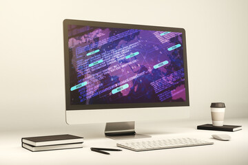 Aufkleber - Modern computer display with abstract programming language hologram and world map, artificial intelligence and neural networks concept. 3D Rendering