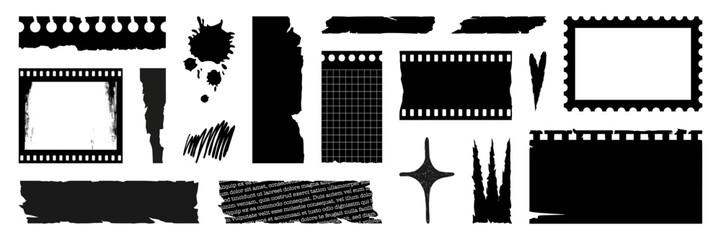 Wall Mural - Set of grunge torn paper, film strip, jagged rectangle. Heart, star and crown shape. Punk elements for sticker, collage, banner. Vector illustration isolated on white background.