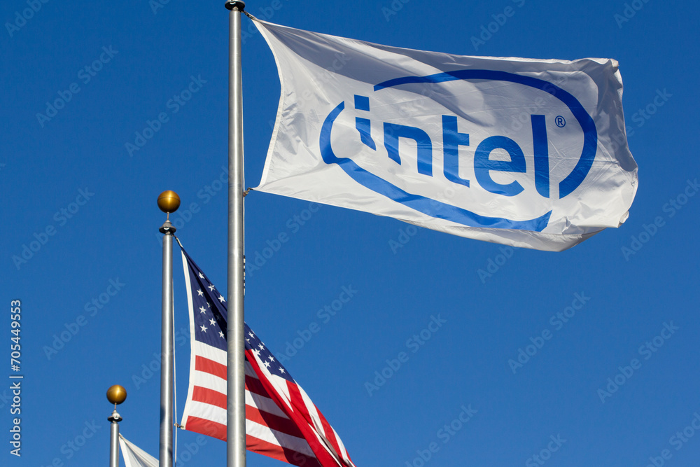 Santa Clara, CA, USA - Feb 26, 2020: Intel flag is seen at Intel's ...
