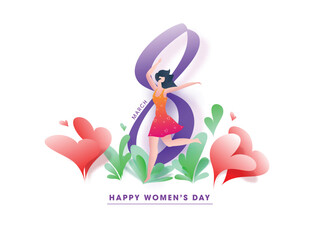 Wall Mural - 8 March, Happy Women's Day Greeting Card with Cartoon Modern Young Girl Dancing, Hearts Decorated on White Background.