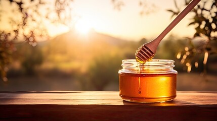 Canvas Print - Honey jar in morning light.. Generative AI