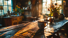 Steaming Cup Of Coffee On A Farm Table.