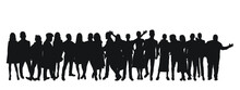 Black silhouette of young couples of guys and girls, crowd, group, team, band, isolated vector