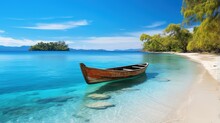 Wooden Boat On A Tropical Beach With Crystal Clear Water