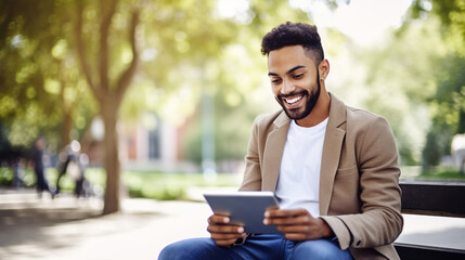 Canvas Print - Smiling college student sitting on a bench, browsing a tablet