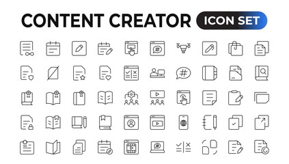 Set of outline icons related to content creation, media. Linear icon collection. Editable stroke. Vector illustration