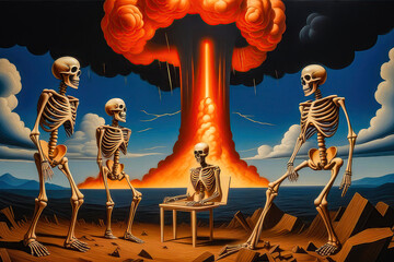 Sticker - There are human skeletons in the background of a nuclear explosion. The concept of apocalypse, the end of the world.