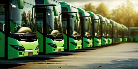 Green electric buses in a row.