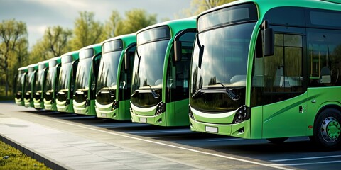 Green electric buses in a row.