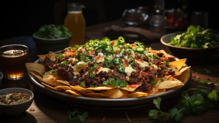 Poster - Nachos is a spicy Mexican dish made from potato chips and meat with spices