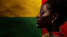 An African American Figure Against A Background Of Red, Yellow, And Green. South African Flag, Black History Month, African American Culture, And The Strength Of Black People.