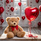 Fototapeta Pokój dzieciecy - Hug Me Tight: Valentine's Delight with Teddy and a Heart Balloon