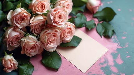Poster - Bouquet of beautiful fresh roses with a card on pink background. Generative AI.
