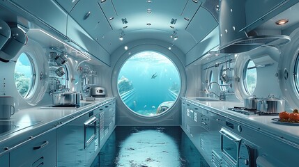 Wall Mural - A luxurious kitchen in a submarine immersed in the depths of the ocean. Generative AI.
