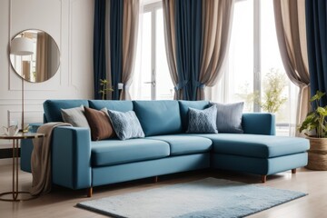 Wall Mural - Interior home design of modern living room with blue sofa in a room with windows and curtains