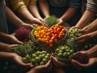 people together holding vegetables, heart shaped box with tomatoes