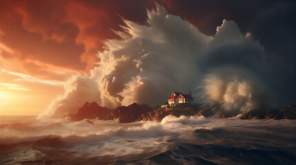 Wall Mural -  house in the edge of cliff with giant storm at the sunset