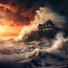 Wall Mural -  house in the edge of cliff with giant storm at the sunset