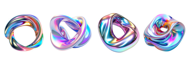 Sticker - 3d fluid abstract metallic holographic colored shape png set transparent background generated by ai