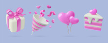 3D Party Icons Set. Pink And White Cake Piece, Heart Balloons, Party Popper With Confetti And Gift Box With A Present. Valentine's Day Romantic Three Dimensional Decorative Vector Elements Collection.