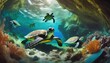 coral reef with fish.an imaginative scene of turtles exploring a hidden cave beneath the ocean surface, using vibrant colors to highlight the marine life and intricate details of the cave's formations