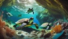 Coral Reef With Fish.an Imaginative Scene Of Turtles Exploring A Hidden Cave Beneath The Ocean Surface, Using Vibrant Colors To Highlight The Marine Life And Intricate Details Of The Cave's Formations