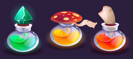 Aufkleber - Glass bottles with magic colorful potion or medicine with emerald, canine tooth and mushroom cap as cork. Cartoon vector game ui assets set of fantasy liquid wizard elixir in chemistry vials.