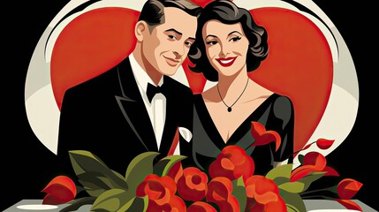 Wall Mural -   happy couple sitting at dinner with red hearts in the background,Valentines Day, Propose day,  Valentines Day date. 