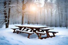 A Winter Picnic Table In The Snow.