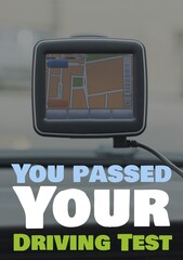 Wall Mural - yay, you passed your driving test text in blue, white and green over gps street map in car