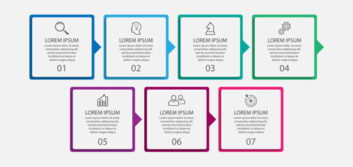 Wall Mural - business infographic design 7 parts or steps, there are icons, text and numbers, square design with thin colored lines that are connected to each other for workflow diagrams, banners and your business