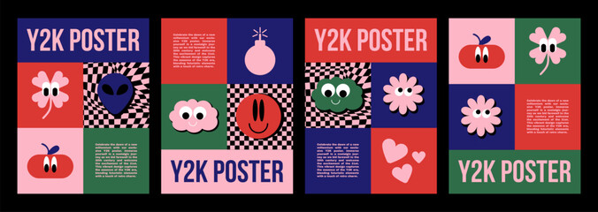 Aufkleber - Y2k poster design template with bright abstract simple groovy sticker in bright acid colors. Vector illustration set of cover and banner 2000s aesthetic layout with cute psychedelic elements and text.