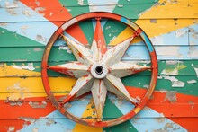 Old Wooden Wagon Wheel With Chipped Paint
