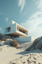 Futuristic And Stylish White Beach House Design Standing On Desert Dunes With A Clear Blue Sky Backdrop