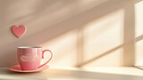 cup of coffee, pink coffee cup, sunlight through the window, generative ai 