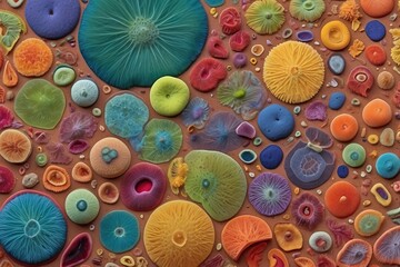 Poster - Close-up of multicolored bacteria under a microscope, macro photos of microorganisms. Biology, microbiology, biotechnology, genetics, zoo hygiene concepts.
