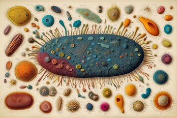 Poster - Close-up of multicolored bacteria under a microscope, macro photos of microorganisms.
