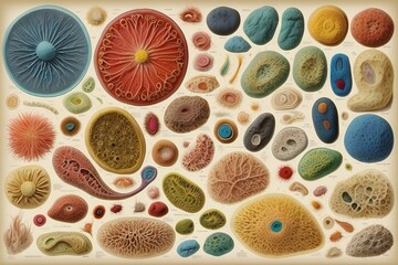 Poster - Close-up of multicolored bacteria under a microscope, macro photos of microorganisms.